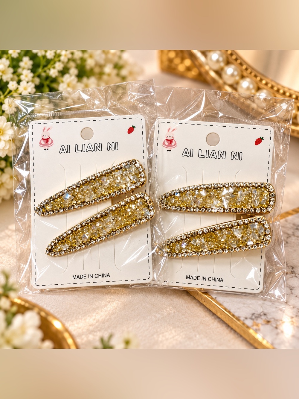 Gold Crystal Hair Barrette Set - Sparkling Yellow Gold Clips (Set of 2)